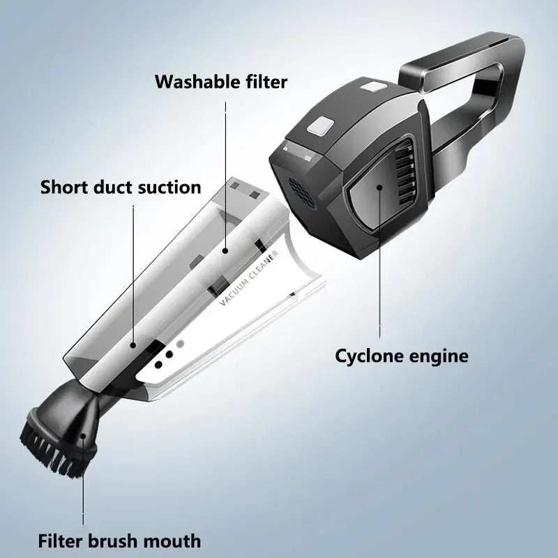 Vacuum cleaner with labeled parts on a light blue background