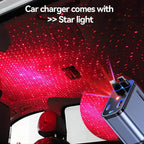 Car interior with star light effect and car charger on a dark background