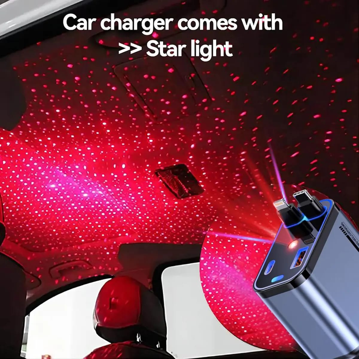 Car interior with star light effect and car charger on a dark background