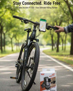 Bicycle with a phone mounted on the handlebar, next to a box of FLY bike bracket, in a park setting.