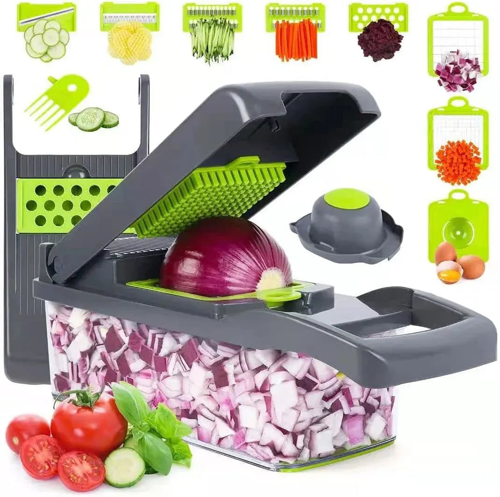 Vegetable chopper with chopped onions and various vegetables around it, including tomatoes and cucumbers.