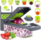 Vegetable chopper with chopped onions and various vegetables around it, including tomatoes and cucumbers.