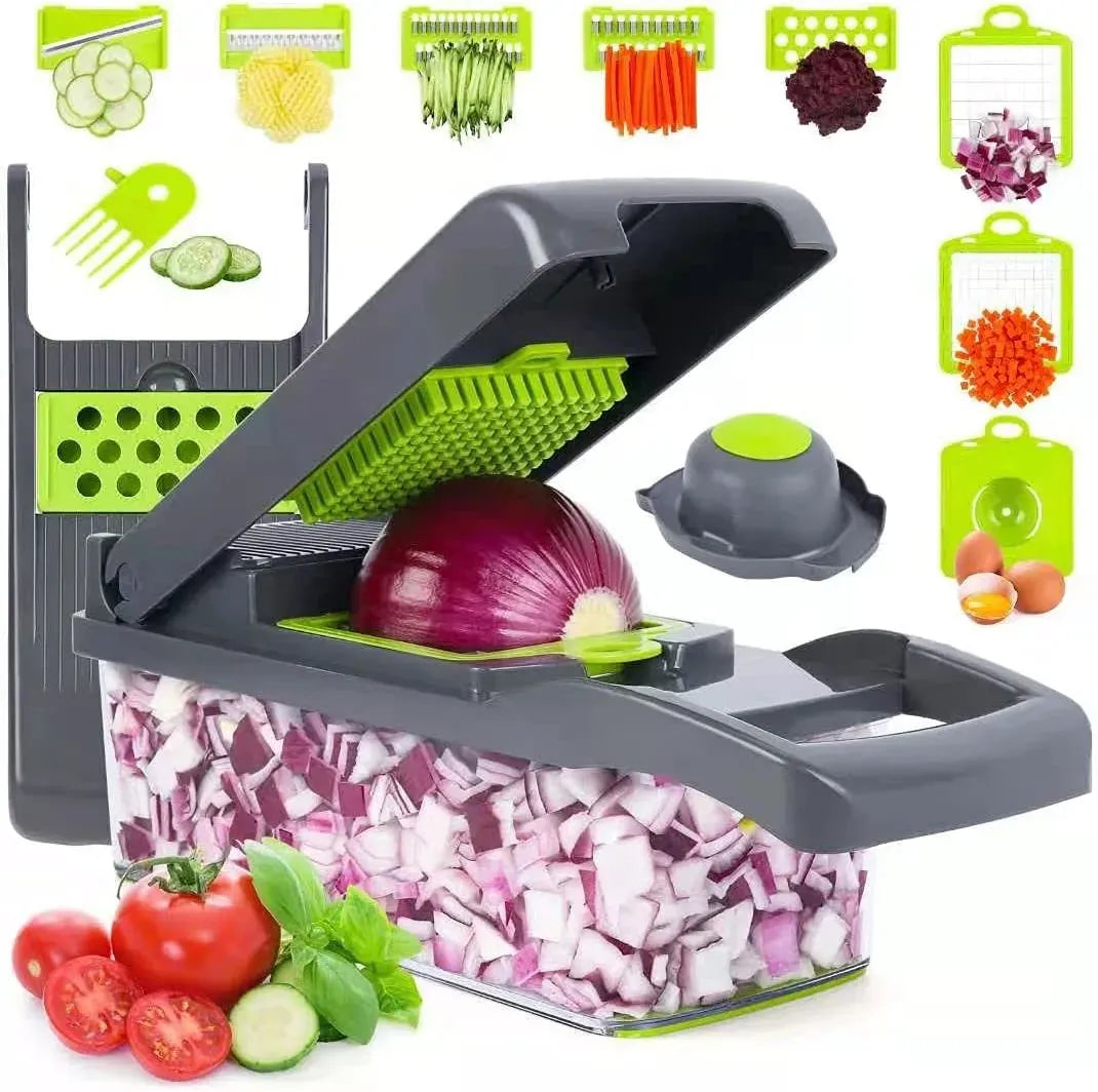 Vegetable chopper with chopped onions and various vegetables around it, including tomatoes and cucumbers.