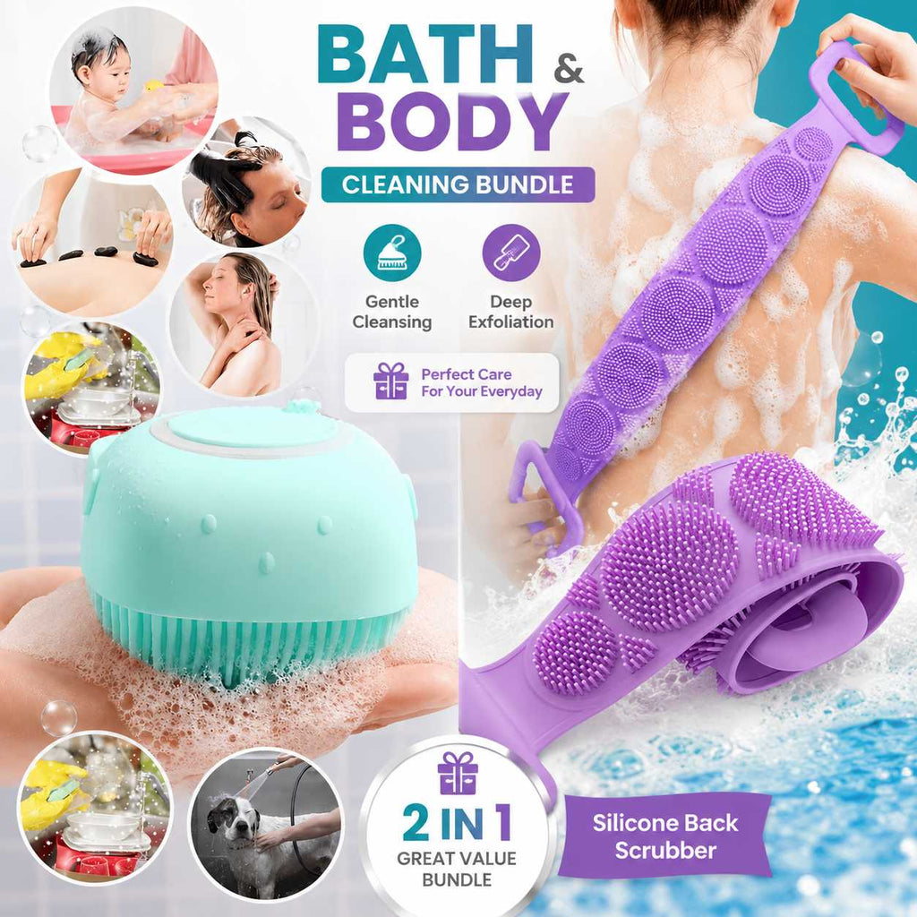 2-in-1 Silicone Bath Brush & Back Scrubber Set | Body Cleaning Bundle