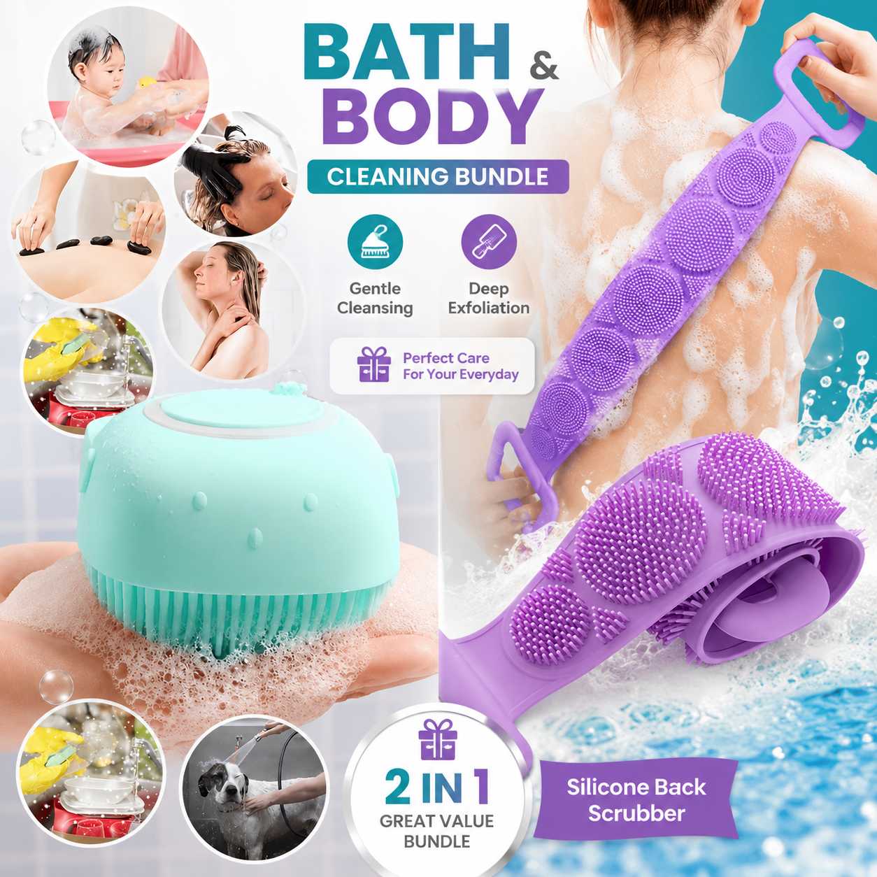 2-in-1 Silicone Bath Brush & Back Scrubber Set | Body Cleaning Bundle