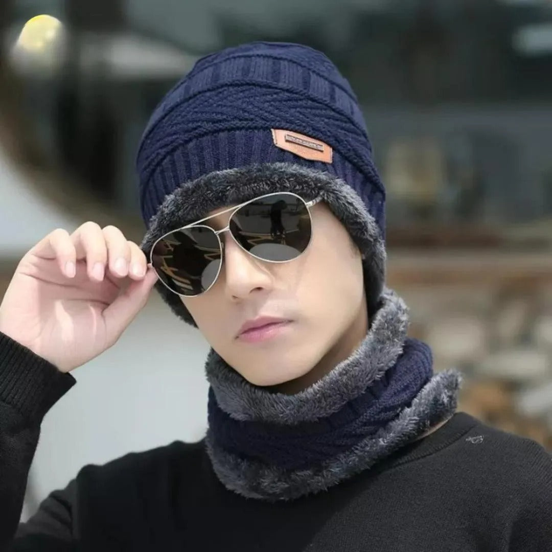 Wool Thermal Cap & Neck Warmer Set | Fleece Lined Winter Beanie & Mask