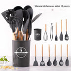 12-Piece Silicone Kitchen Utensil Set | Wooden Handle Cooking Tools