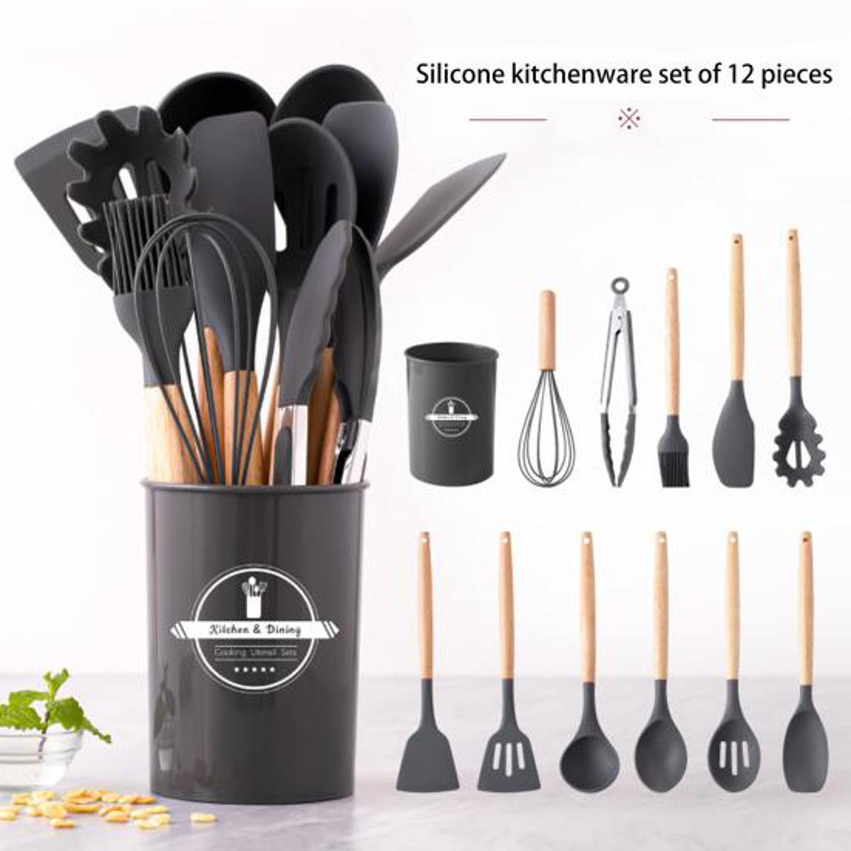 12-Piece Silicone Kitchen Utensil Set | Wooden Handle Cooking Tools