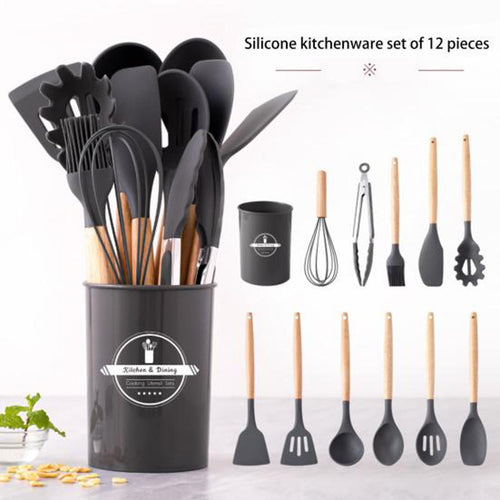 12-Piece Silicone Kitchen Utensil Set | Wooden Handle Cooking Tools
