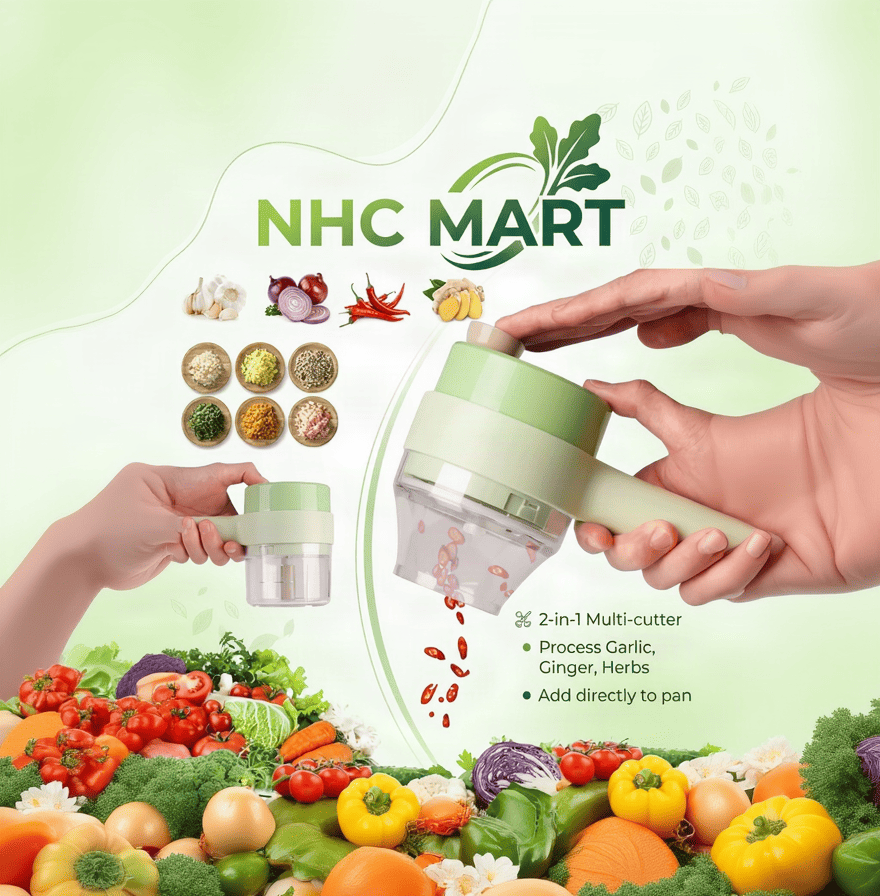 A 2-in-1 multi-cutter vegetable peeler and chopper shown in use by two hands, with the brand name 'NHC MART' at the top and various vegetables illustrated and shown along the bottom.