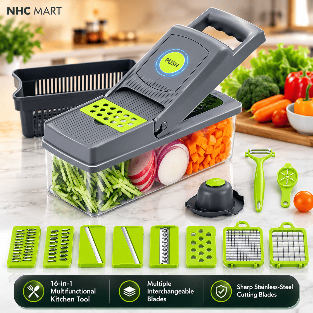 A 16-in-1 multi-functional kitchen mandoline and chopper set by NHC MART, shown with its various interchangeable blades, a peeler, a citrus zester, and a black plastic basket on a kitchen countertop with fresh vegetables.