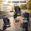 Three black and silver phone mount holders shown on a road with a blurred outdoor background, with text reading '360° DYNAMIC VIEWING' and labels for Portrait and Landscape orientations. The image includes feature callouts and an orange circular arrow indicating rotation.