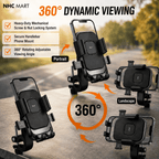 Three black and silver phone mount holders shown on a road with a blurred outdoor background, with text reading '360° DYNAMIC VIEWING' and labels for Portrait and Landscape orientations. The image includes feature callouts and an orange circular arrow indicating rotation.
