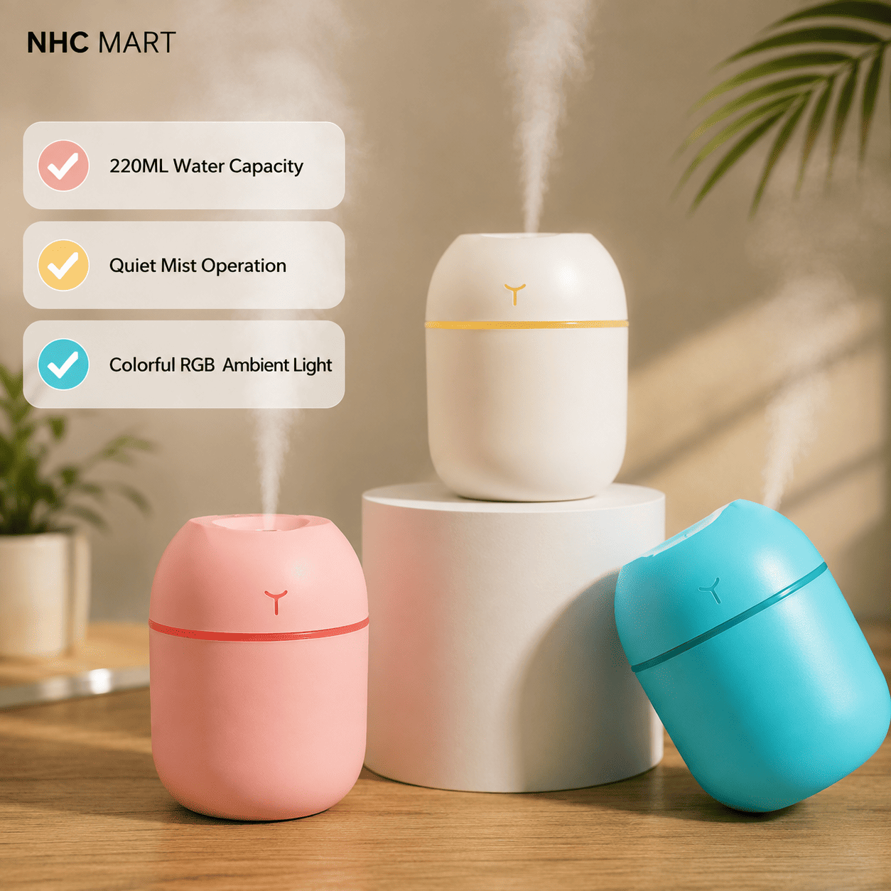Mini 220ML Air Humidifier | Quiet Mist & RGB Light for Bedroom, Office & Desk