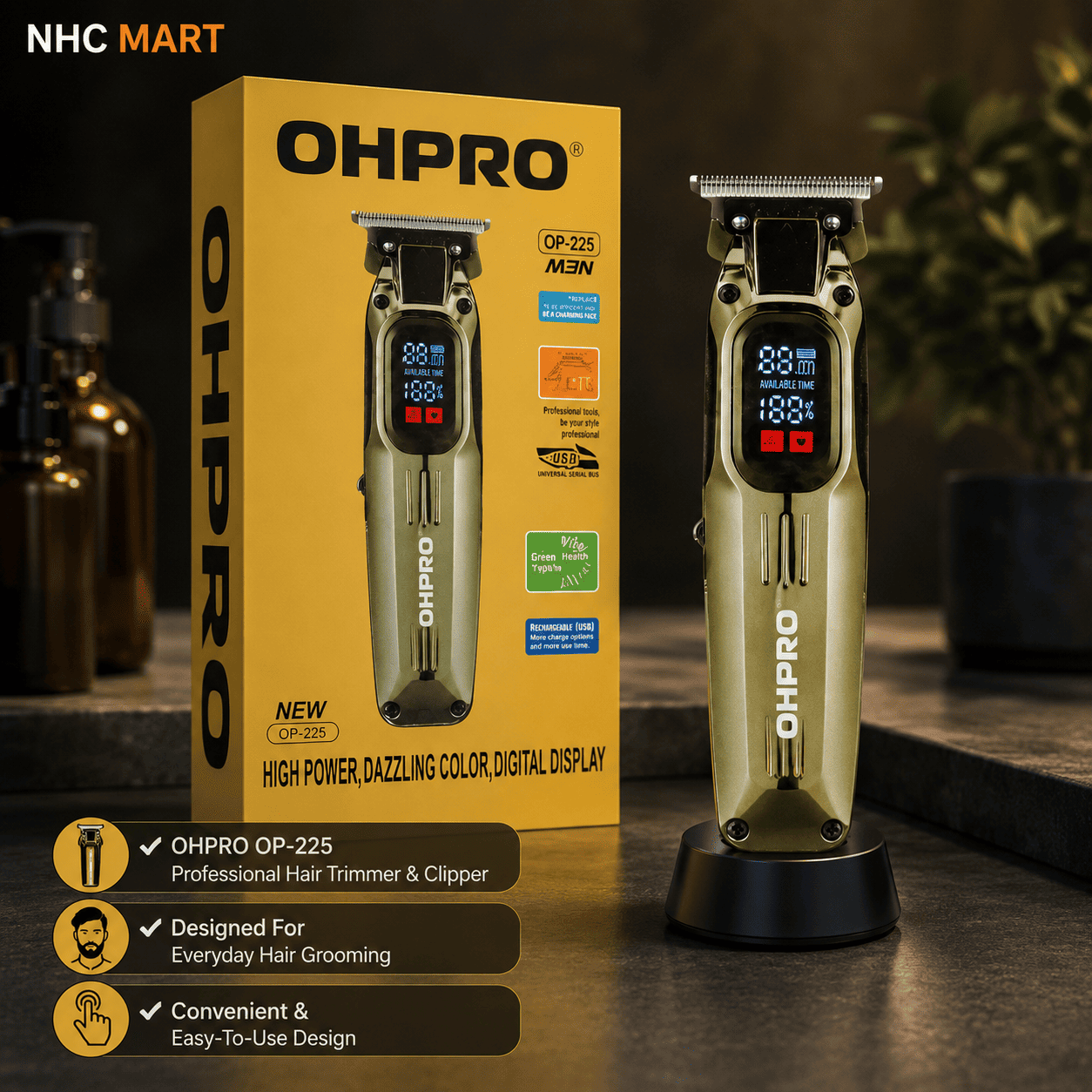 OHPRO OP-225 Professional Hair Trimmer | Men's Hair Clipper
