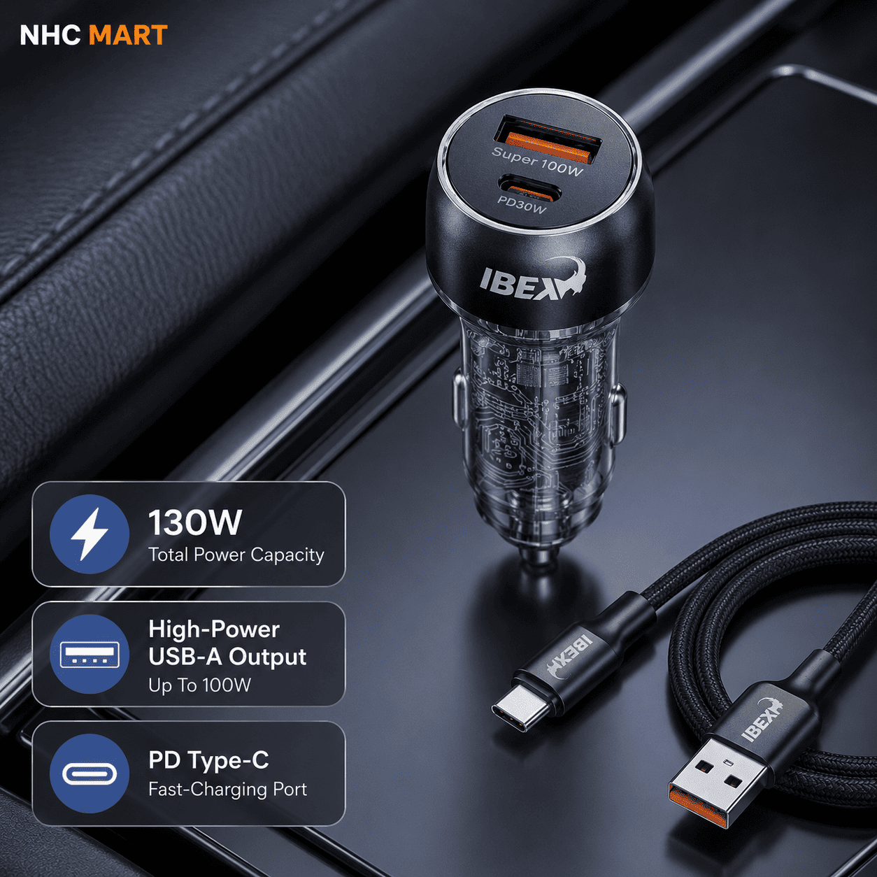IBEX-12 130W Car Charger | Dual USB-A & PD Type-C Fast Charger with 1M Cable