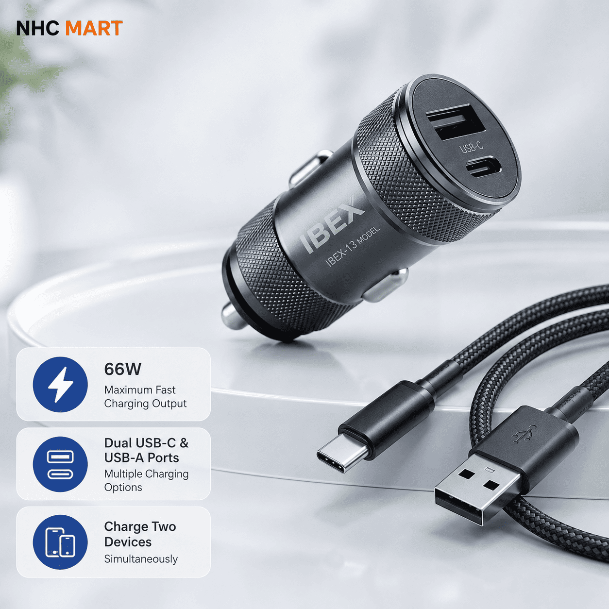 IBEX-13 66W Fast Car Charger | Dual USB-C & USB-A with 1M Charging Cable