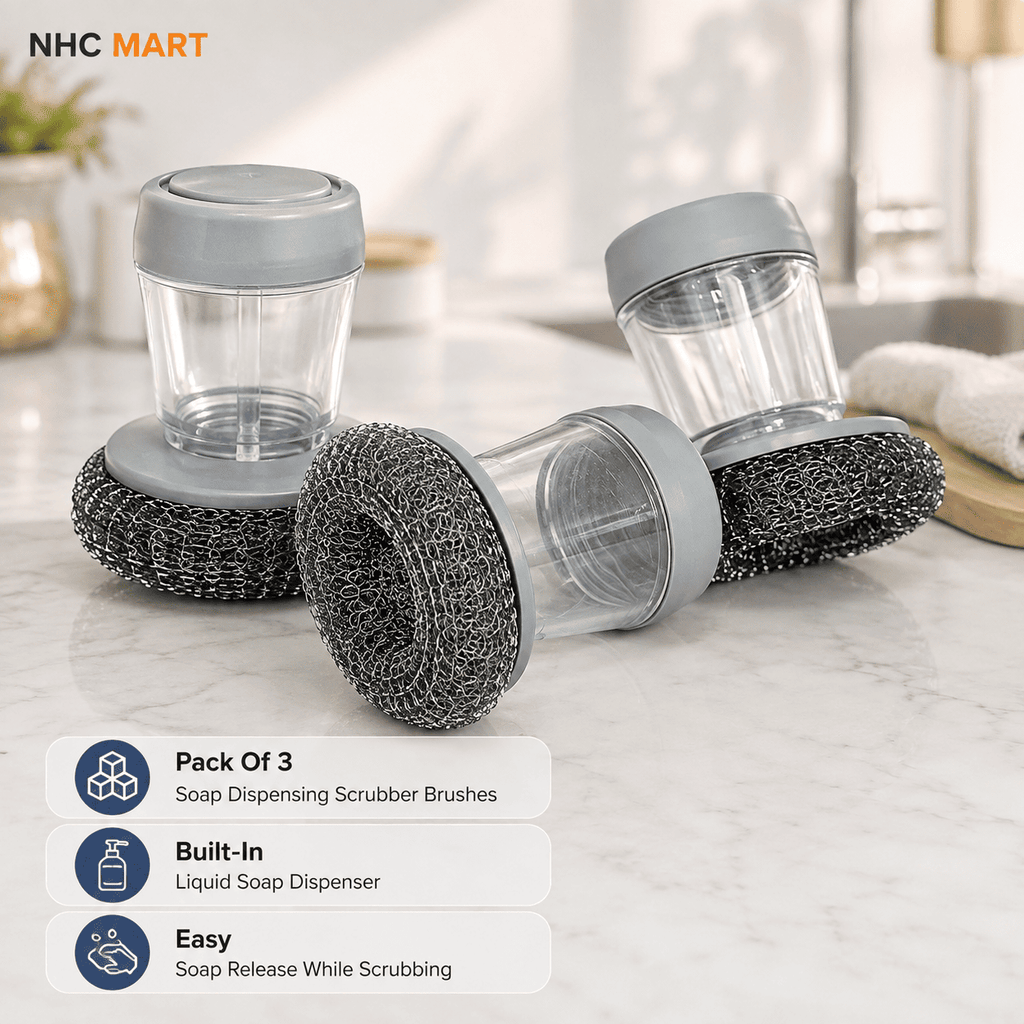 Soap Dispensing Scrubber Brush Set of 3 | Dishwashing & Kitchen Cleaning Brushes