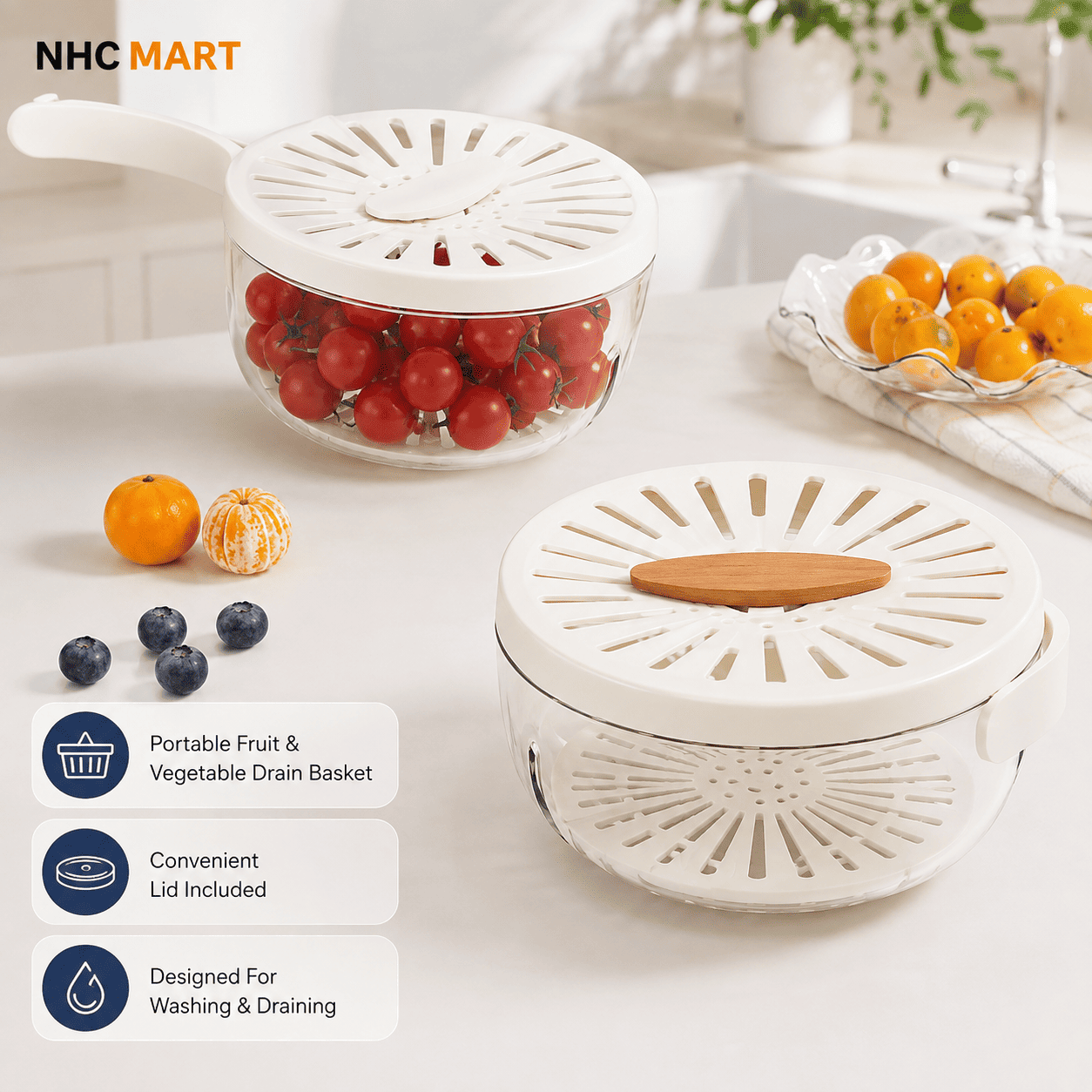 Portable Fruit & Vegetable Drain Basket with Lid | Washing, Draining & Storage Container