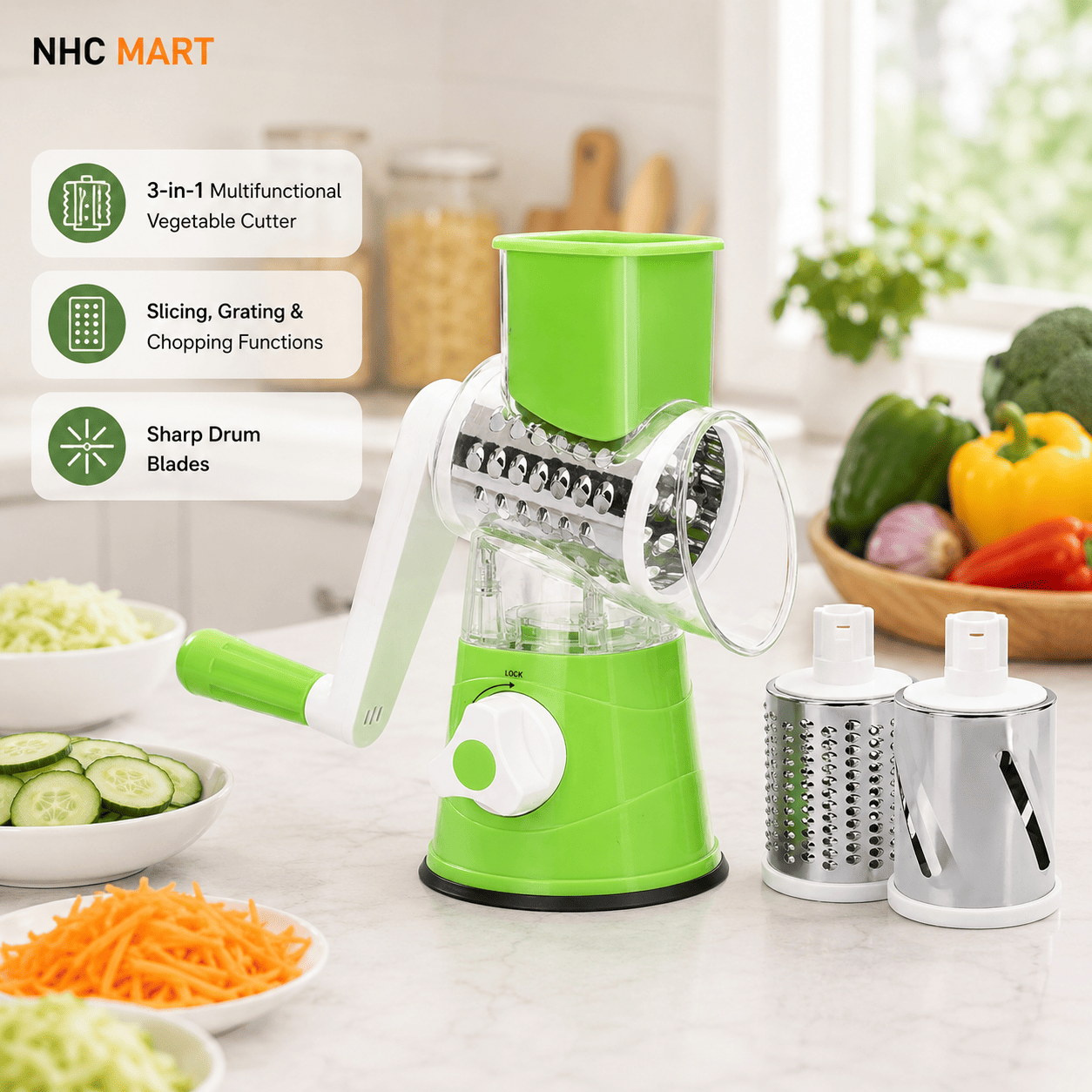 Manual 3-in-1 Vegetable Cutter & Drum Grater | Slicer, Chopper & Shredder Kitchen Tool