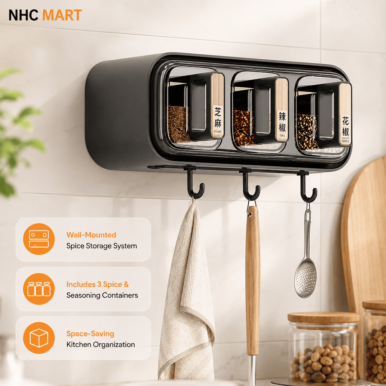 Wall-Mounted Spice Rack with 3 Containers | Kitchen Seasoning & Condiment Organizer