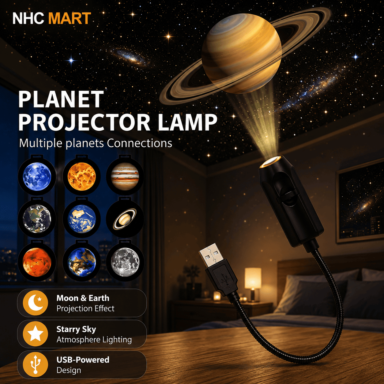 Moon & Earth Starry Sky Projector Lamp | USB Romantic Galaxy Night Light