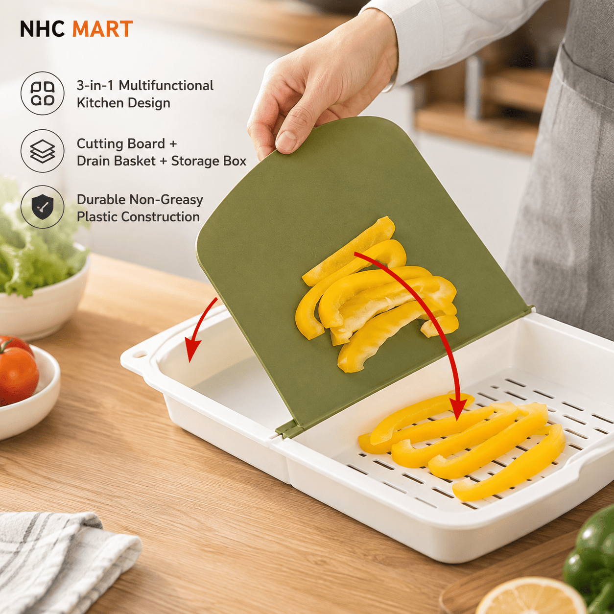 3-in-1 Kitchen Cutting Board | Drain Basket & Food Storage Container