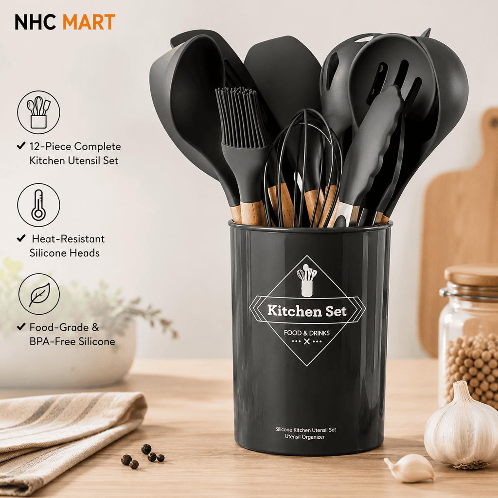 12-Piece Silicone Kitchen Utensil Set | Wooden Handle Cooking Tools