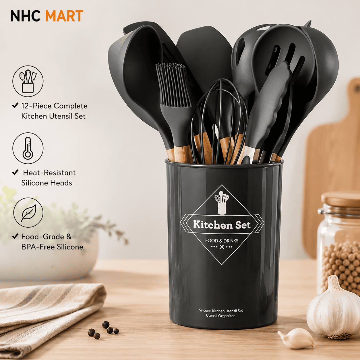 12-Piece Silicone Kitchen Utensil Set | Wooden Handle Cooking Tools