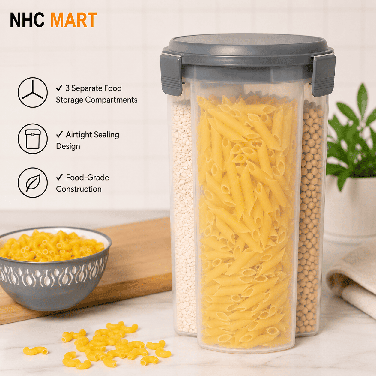 3-Compartment Airtight Food Storage Jar | Rotating Multi-Section Container