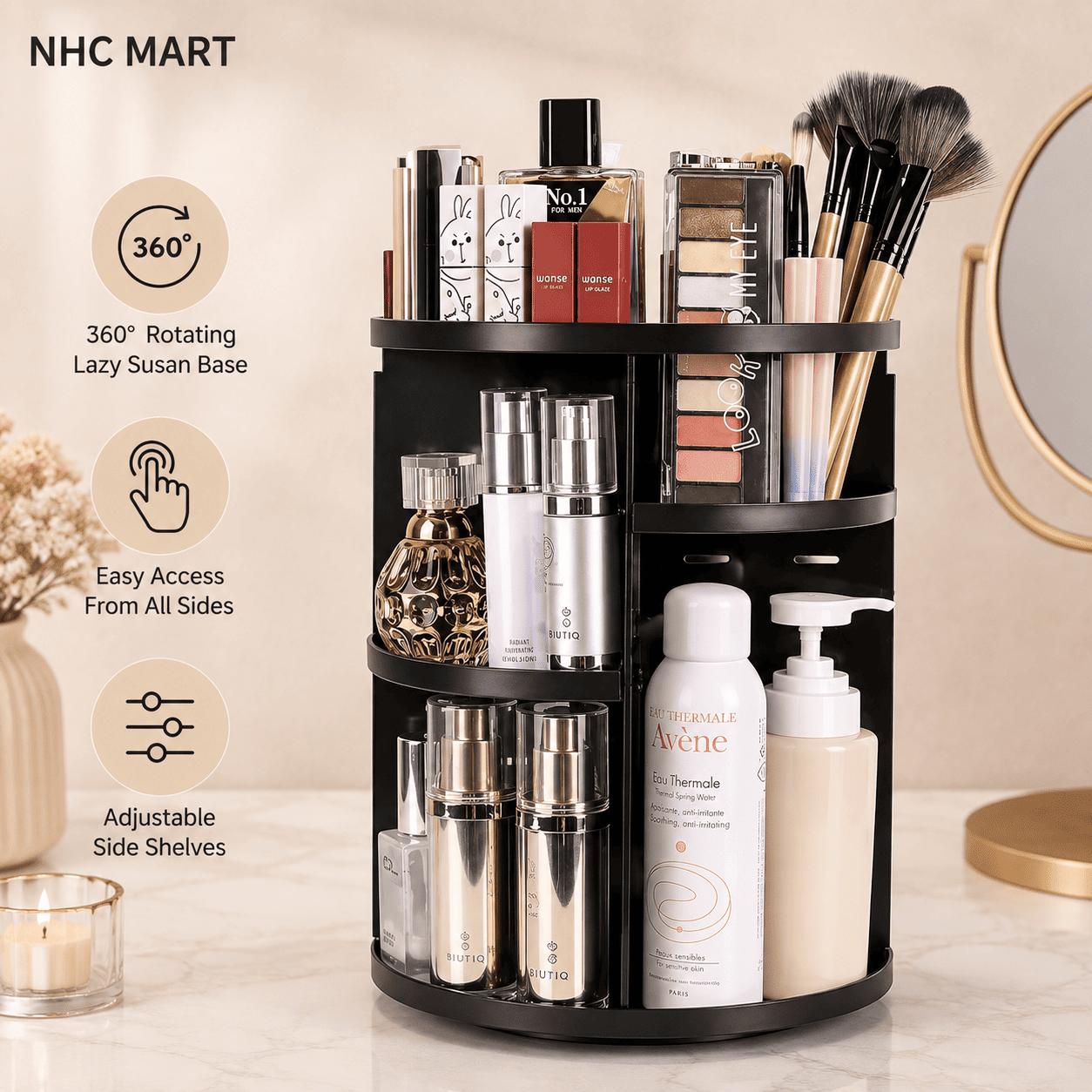 360° Rotating Makeup Organizer | Adjustable Cosmetic & Beauty Storage Box