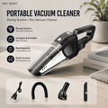 Black and clear portable handheld vacuum cleaner shown on a tabletop with its USB charging cable and three nozzle attachments. The image includes marketing text highlighting strong suction, compact portability, rechargeability, and multi-function use for home and car cleaning.
