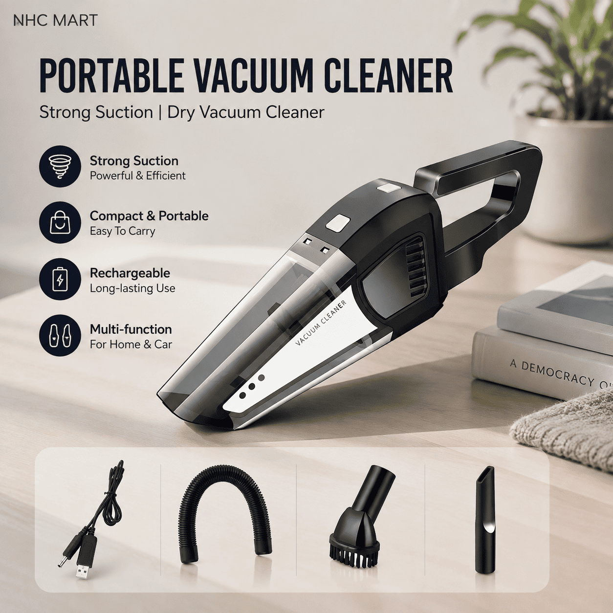 Black and clear portable handheld vacuum cleaner shown on a tabletop with its USB charging cable and three nozzle attachments. The image includes marketing text highlighting strong suction, compact portability, rechargeability, and multi-function use for home and car cleaning.