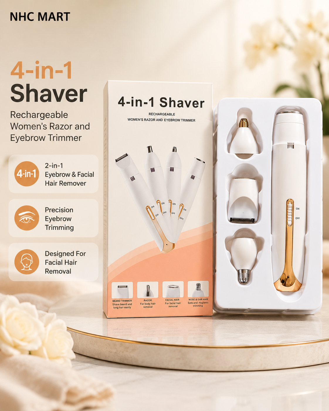 Flawless 4-in-1 Rechargeable Hair Remover | Multi-Function Grooming Device