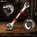 A chrome multi-function wrench with a red and black handle is shown on a wooden surface with two circular detail insets and marketing text. The brand NHC MART appears at top left.