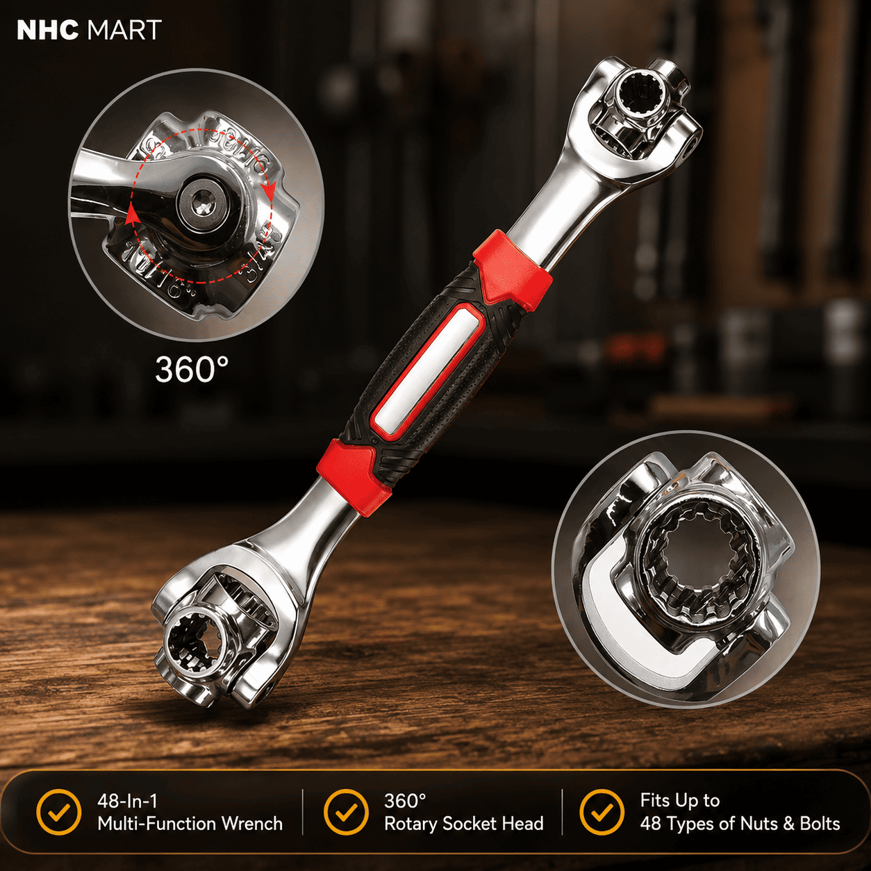 A chrome multi-function wrench with a red and black handle is shown on a wooden surface with two circular detail insets and marketing text. The brand NHC MART appears at top left.