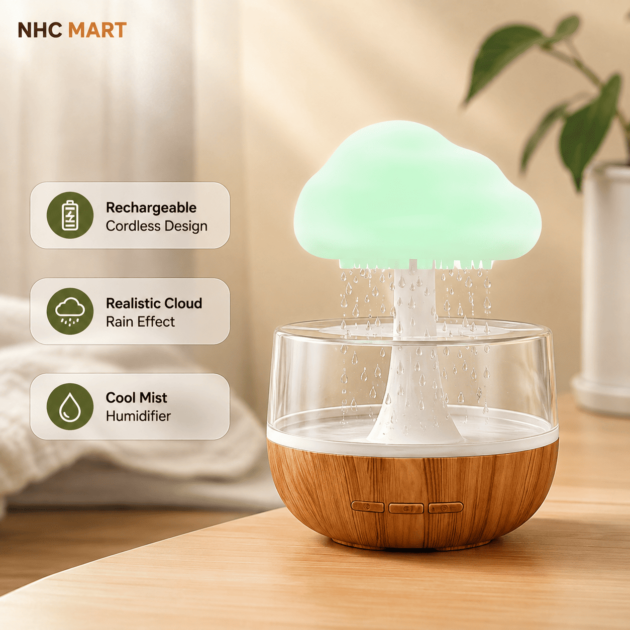 A cloud-shaped humidifier and rain simulator on a wooden table, with three feature callouts on the left and an NHC MART logo in the top left corner.