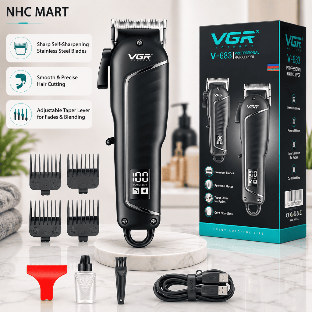 VGR V-683 Professional Hair Clipper – Rechargeable Cordless Trimmer with Digital Display