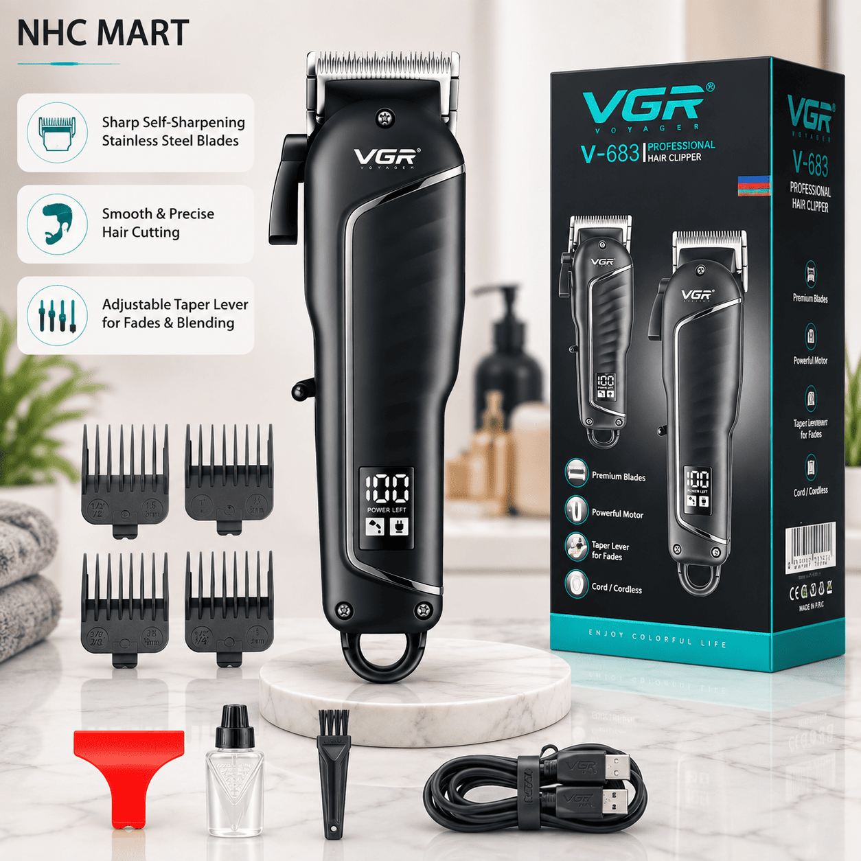 VGR V-683 Professional Hair Clipper – Rechargeable Cordless Trimmer with Digital Display