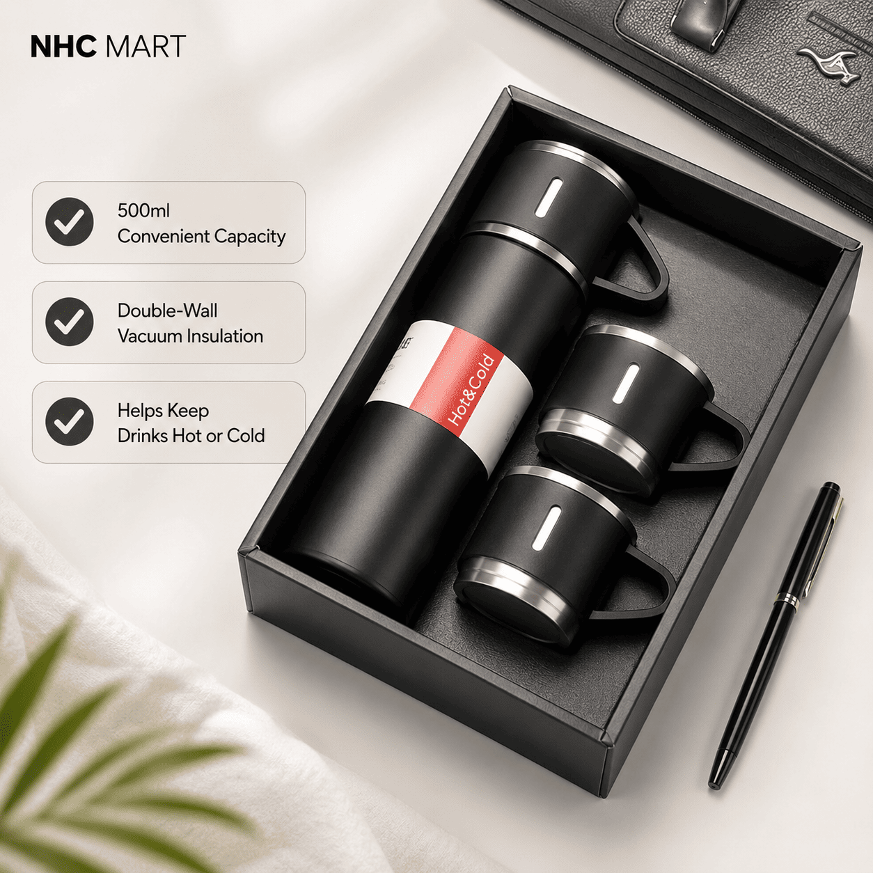 Stainless Steel Vacuum Flask Set 500ml – Insulated Bottle with 2 Cups