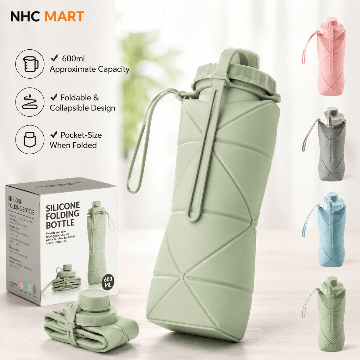 600ml Foldable Silicone Water Bottle | Collapsible Travel & Gym Bottle