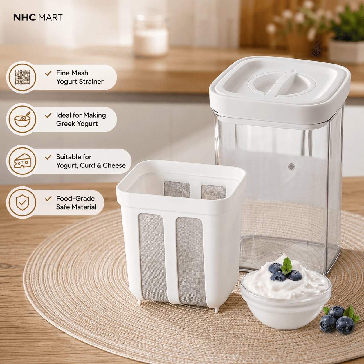 NHC MART fine mesh yogurt strainer set shown with a clear container and white lid on a wooden table, alongside promotional callouts and a small bowl of yogurt with blueberries.
