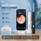 NHC MART smart visual ear cleaner set featuring two handheld wand-style ear cleaning tools in white and black, a smartphone displaying a wide-angle ear view, a charging dock with multiple blue silicone tips, and feature callouts for WiFi/HD, iOS/Android, Type-C charging, HD camera, 6 LED lights, safe gentle tips, and smart easy one-button control.