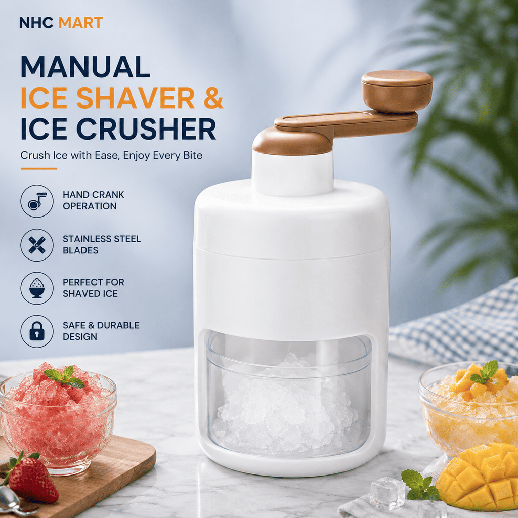 Manual ice shaver and ice crusher with a white body, copper-colored crank handle, and clear collection container, shown on a countertop with shaved ice and fruit bowls. Text on the left reads 'NHC MART' and 'MANUAL ICE SHAVER & ICE CRUSHER' with feature icons.