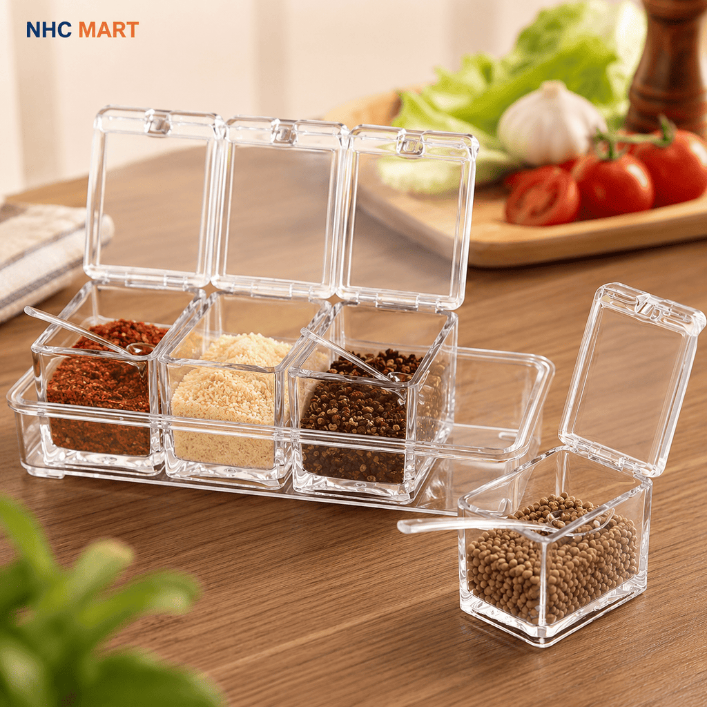 Clear plastic spice container set with six square compartments, shown open on a wooden table with various spices inside. One container is detached and placed in front with its lid open.