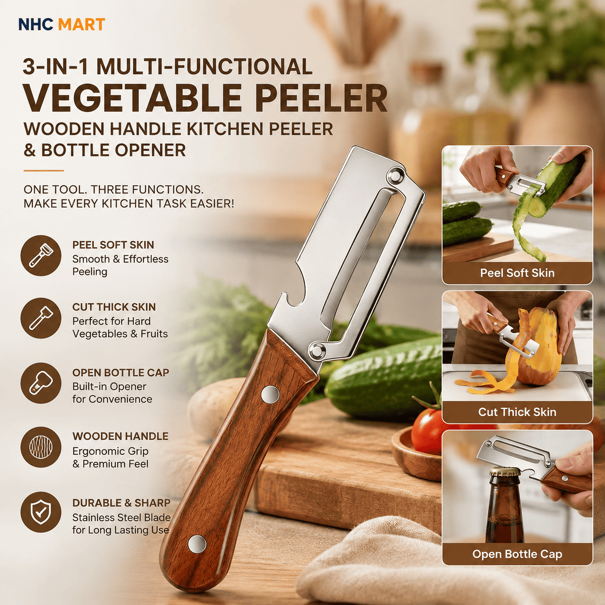 3-in-1 Vegetable Peeler with Wooden Handle | Kitchen Peeler