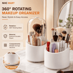 Two white 360-degree rotating makeup organizers on a light marble surface, with one organizer covered by a clear dome and the other open, showing makeup brushes and cosmetics inside. Text on the left highlights features like rotation, durable plastic material, and multiple storage compartments.