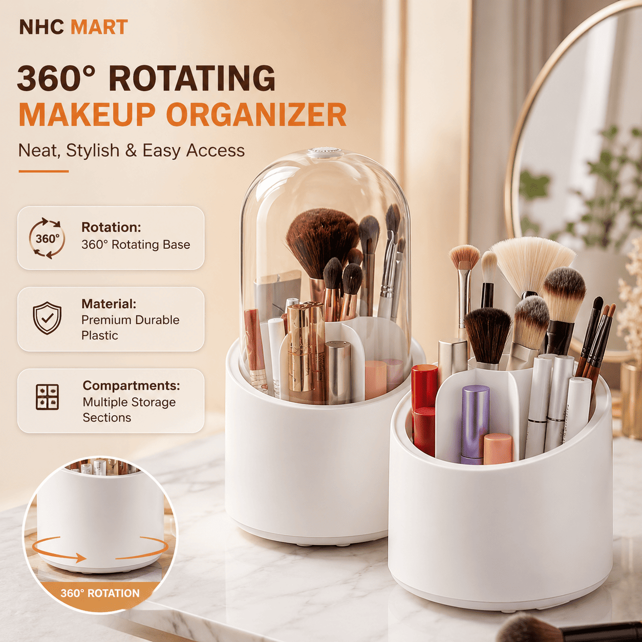 Two white 360-degree rotating makeup organizers on a light marble surface, with one organizer covered by a clear dome and the other open, showing makeup brushes and cosmetics inside. Text on the left highlights features like rotation, durable plastic material, and multiple storage compartments.