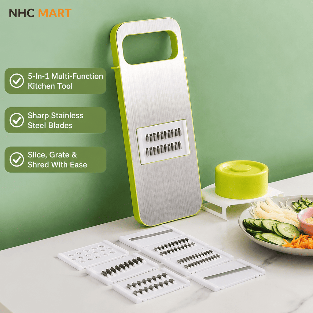 NHC MART multi-functional kitchen slicer and grater set with a stainless steel blade unit in lime green and white, shown standing on a countertop with several interchangeable blades laid out in front, a small matching green container, and sliced vegetables on a plate against a pale green wall.