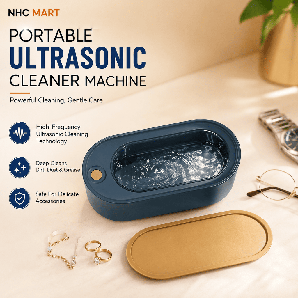 NHC MART portable ultrasonic cleaner machine in a dark teal-blue oval shape with a gold-toned lid, shown on a beige tabletop with decorative accessories and promotional text.